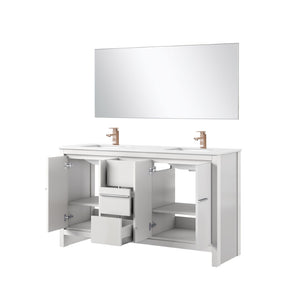 English Elm White Double Bath Vanity With Quartz Top, Rose Gold Faucet & Large Mirror For Modern Bathrooms B2731S01736-GIGA