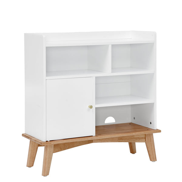 English Elm Colorblocking Oak Natural Wood + Off White Storage Cabinet with Solid Wood Base, 5 Shelves & Outlet W1801P195703