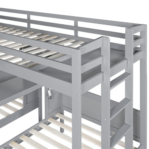 English Elm Twin Triple Bunk Bed with Built in Desk Open Shelving and Led Task Lighting Gray N7090002243E