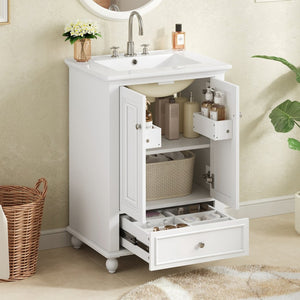 English Elm 24'' French Style Bathroom Vanity with Ceramic Sink Soft Close Cabinet and Drawer White N710P411227K