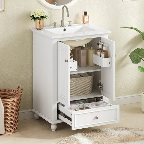 English Elm 24'' French Style Bathroom Vanity with Ceramic Sink Soft Close Cabinet and Drawer White N710P411227K