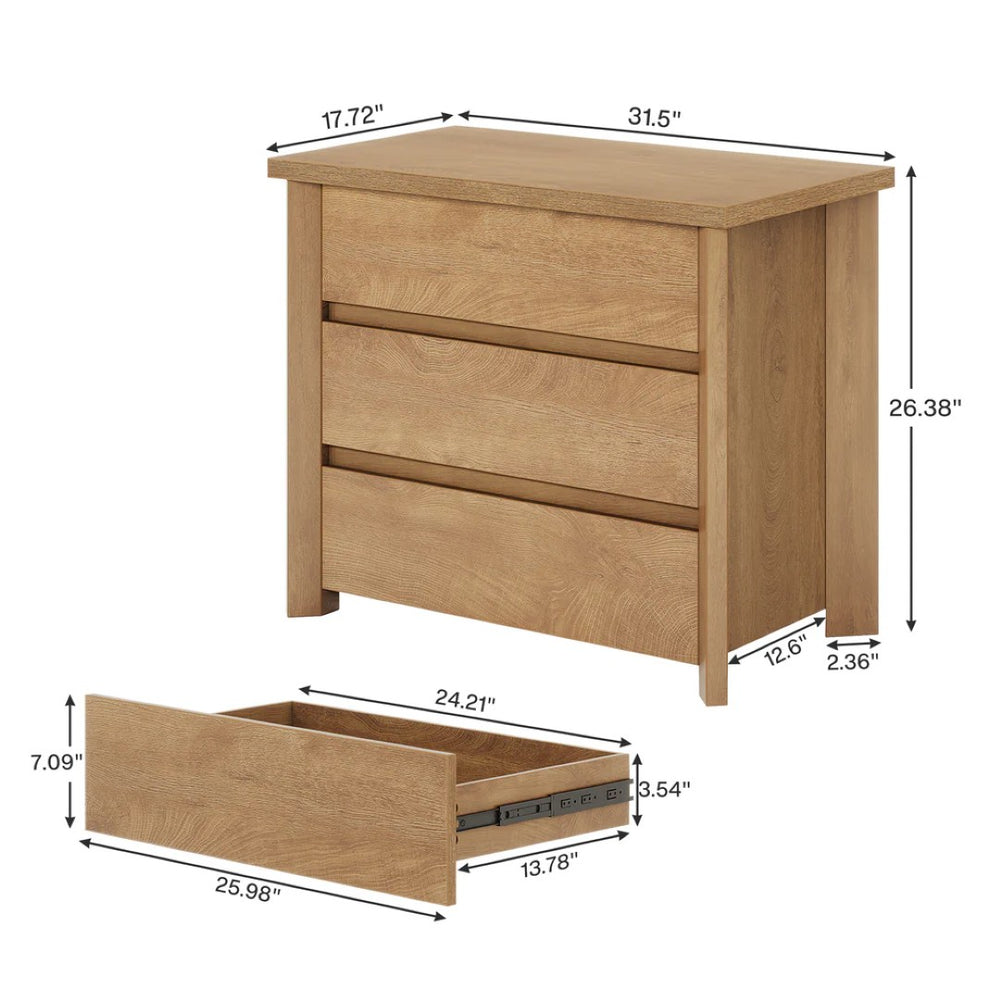 English Elm Sophisticated Three Drawer Bedside Nightstand Warm Brown Rustic Wood Bedroom Storage T3971P456852