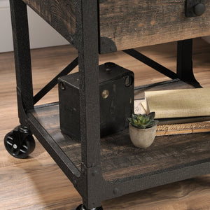 English Elm Side Table With Rolling Casters - Brown Industrial Finish, Spacious Top & Smart Storage Solution B356P367951-GIGA