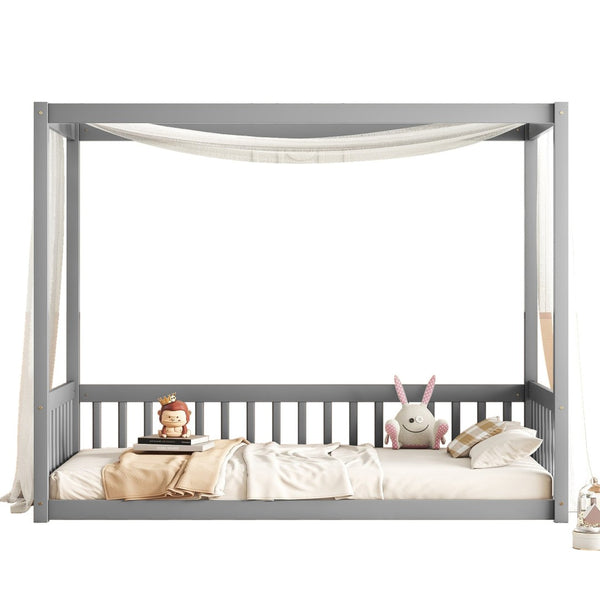English Elm Twin Canopy Floor Bed Frame With Guardrails - Modern Grey Design For Safe, Imaginative Sleep Spaces W504P143277-GIGA