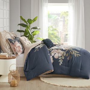 English Elm 8 Madison Park Camillia Cotton Comforter Set Navy Cal King Floral Blush Reversible OEKO-TEX Certified B035128844