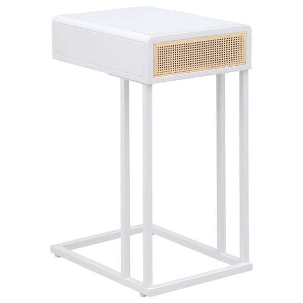 English Elm Kenneth White C-shaped Sofa Side Table with Rattan Weave Drawer for Living Rooms B062P440088