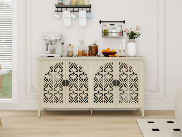 English Elm Hollowed-out Cabinet 4-Door Natural Finish with Carved Panels, Adjustable Shelves, Lockable Support, Solid Wood Feet W688P238047