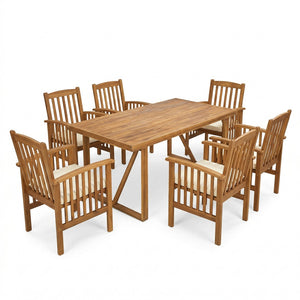 English Elm 7 Piece Solid Acacia Wood Outdoor Dining Set Six Chairs Slatted Table Patio Ready Brown,Teak N762S000037AAA