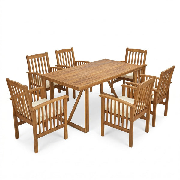 English Elm 7 Piece Solid Acacia Wood Outdoor Dining Set Six Chairs Slatted Table Patio Ready Brown,Teak N762S000037AAA