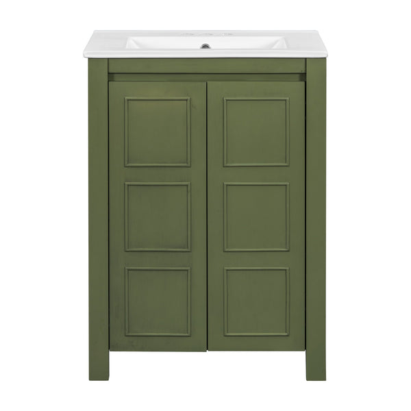 English Elm 24" Vintage Style Small Bathroom Vanity Olive Green with Ceramic Sink, Soft-Close Doors, Shelf (95) N729P292015F