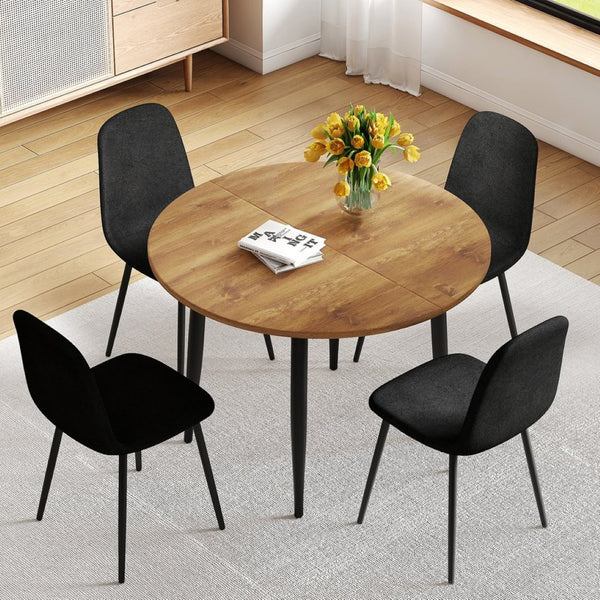 English Elm Table Modern Extendable Dining Set With 4 Black Linen-Cotton Chairs For Stylish Gatherings & Comfort W1151S04141-GIGA