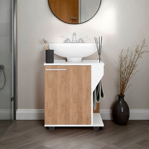 English Elm White White and Natural Oak Under Sink Vanity Cabinet with Shelves Compact Storage for Baths B062P380047