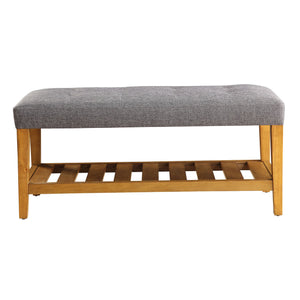 English Elm Grey Tufted Padded Seat Bench with Oak Frame, Slatted Storage Shelf, Gray Fabric, Modern Comfort B062P189180