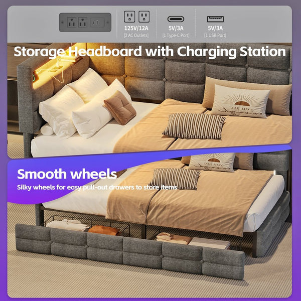 English Elm Upholstered Twin Daybed with 2 Under-Bed Drawers, Headboard Storage, USB-C Charging & LED Lights Gray 41.31 L x 21.42 W x 13.37 H N733P285121E