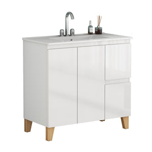 English Elm 36-inch Glossy White Bathroom Vanity with Ceramic Sink Soft Close Drawers Minimalist W3151S00074