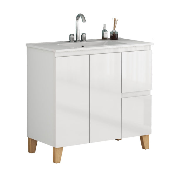 English Elm 36-inch Glossy White Bathroom Vanity with Ceramic Sink Soft Close Drawers Minimalist W3151S00074