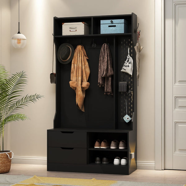 English Elm Hall Tree with Bench Six Hooks Open Shelves Matte Black Mdf Entryway Organizer W1321P444289