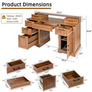 English Elm 59" Fluted Oak L-shaped Corner Desk with Charging Station Monitor Stand and File Storage Dark Walnut W2917S00007