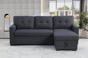 English Elm Tufted Linen Sectional Sleeper Sofa with Storage Ottoman and Reversible Chaise Dark Gray B2730S00050