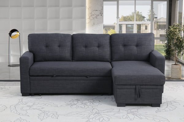 English Elm Tufted Linen Sectional Sleeper Sofa with Storage Ottoman and Reversible Chaise Dark Gray B2730S00050