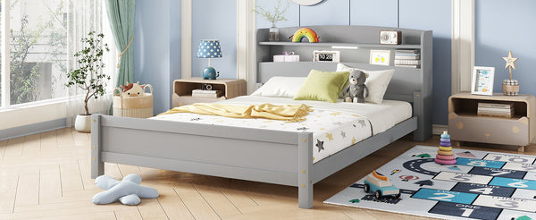 English Elm Full Pine Wood Bed with Bookcase Headboard and LED Motion Sensor Light, Guardrails & Storage Space Grey W504P277598