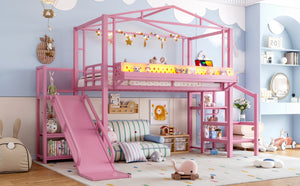 English Elm Twin Metal Loft Bed with Built-in Wardrobe Storage Stairs Led Lights and Usb Ports W5316S00046