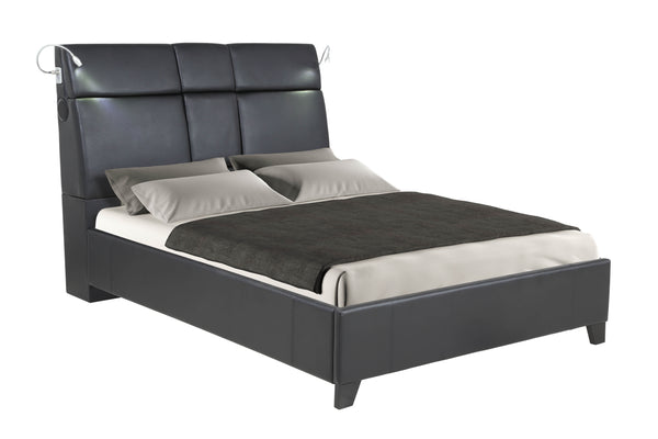 English Elm Queen Music Bed with Bluetooth Speakers, Touch Lighting & Removable Beverage Tray — Black Vinyl Modern Design B2699S00010