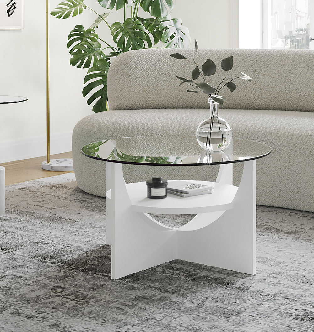 English Elm U U Shaped Contemporary Coffee Table White with Tempered Glass Top & Floating Shelf, Modern Design B202P223386