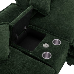 English Elm 111" Sectional Sofa Chenille Upholstered with Removable Ottoman, USB Ports, Cup Holders & Storage Box Green N719S001480F