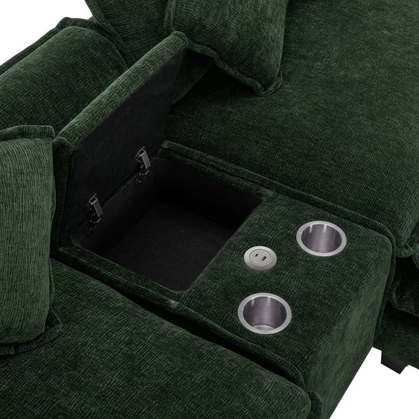 English Elm 111" Sectional Sofa Chenille Upholstered with Removable Ottoman, USB Ports, Cup Holders & Storage Box Green N719S001480F
