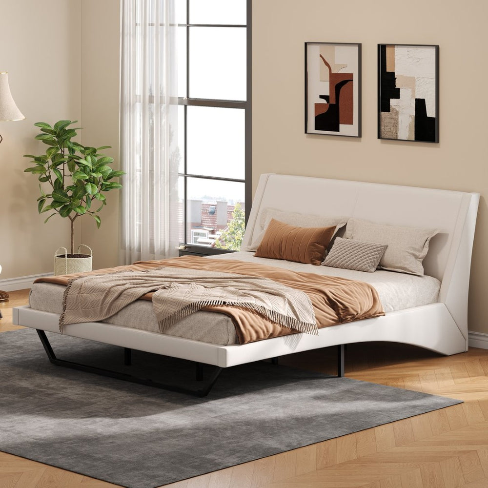 English Elm Queen Pu Leather Platform Bed Sculptural Wave Base Floating Silhouette Modern Bedroom White N761S0000031W