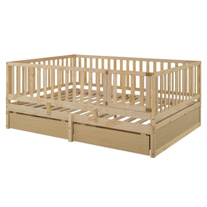 English Elm Full Size Pinewood Kids Daybed with Fence Rails Split Floor Bed and Storage Drawers Natural LP100882AAN
