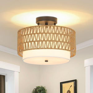 English Elm 3-Light Boho Rattan Semi-Flush Ceiling Lamp, Handwoven Drum Shade, Dimmable E26 Trio for Bedroom Dining Hallway W2738P185423