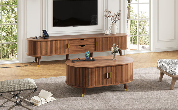 English Elm Wooden Fluted Farmhouse TV Stand & Coffee Table Set with Charging Station, Mid-Century Oval Design Walnut N721S000049D