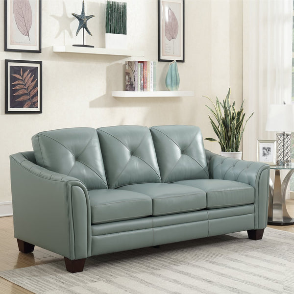 English Elm Modern Tufted Leather Sofa with Diamond Topstitching, Solid Wood Legs, Durable High-Resilience Comfort Seafoam B193P200151