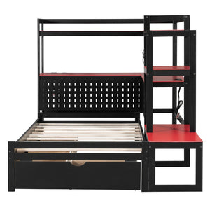 English Elm Twin Gaming Daybed with Led Strips Desk Pegboard Bookcase and Three Storage Drawers Black+Red N820S00083J