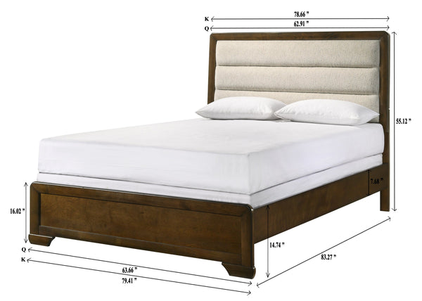 English Elm Beautiful Contemporary Queen Size Panel Bed with Beige Upholstered Headboard, Solid Wood Finish, Elegant Design and Easy Assembly Brown 82.5 L x 41.5 W x 7 H B011S01227