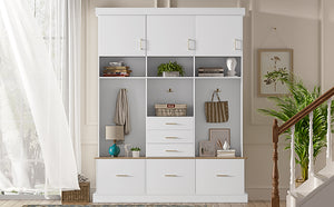 English Elm U-Can Multifunctional 75" Hall Tree with Bench, 3 Cabinets, 6 Drawers, Shelves & Anti-Tip Design White SJ000152AAK