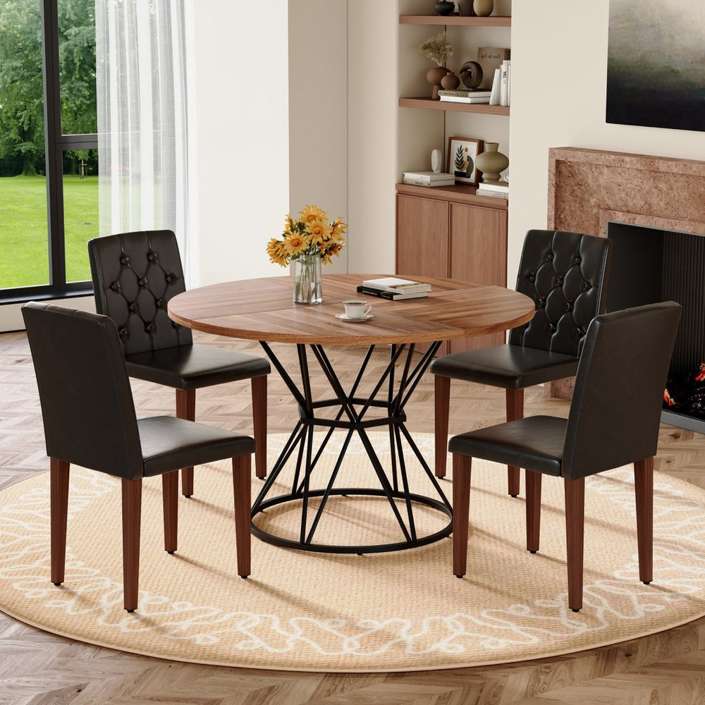 English Elm Table and Chair Set Round Walnut Mdf Top with Four Pu Leather Buckle Dining Seats W1151S04851