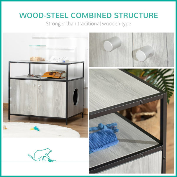 English Elm Pawhut Stylish Wooden Cat Litter Box Enclosure, Multi-Functional End Table With Storage & Privacy W2225P217306-GIGA