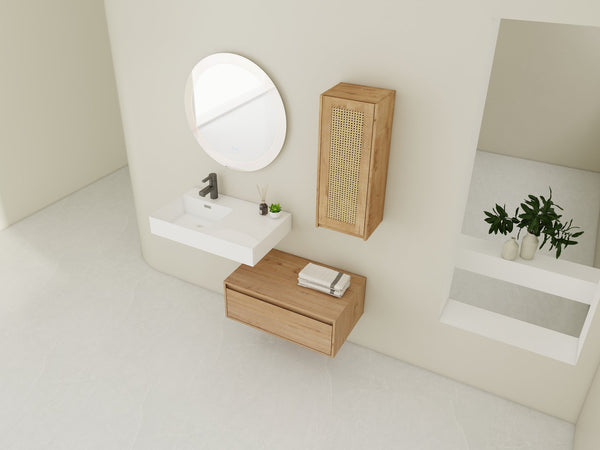 English Elm 30 Inch Wall-Mounted Bathroom Vanity With Soft-Close Drawer & Resin Sink, Space-Saving Design W999S00348