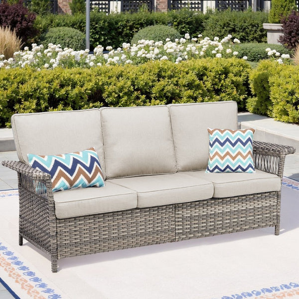English Elm Outdoor Handwoven Pe Wicker Ottoman Set Patio Footrests with Weather Resistant Cushions Beige T3773P416504