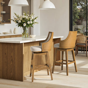 English Elm Jennifer Taylor Home - Bahama 30" Cane Rattan High-Back Swivel Bar Stool – Handcrafted Rubberwood, Wool-Poly Blend Upholstery, Brass Footrest Beige B2719P395567