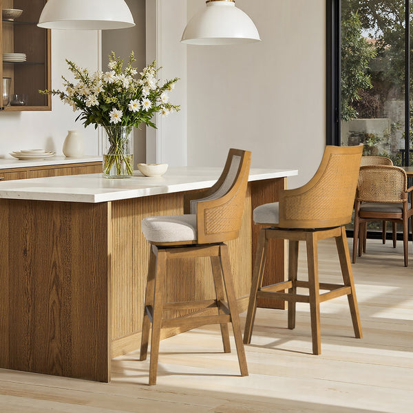 English Elm Jennifer Taylor Home - Bahama 30" Cane Rattan High-Back Swivel Bar Stool – Handcrafted Rubberwood, Wool-Poly Blend Upholstery, Brass Footrest Beige B2719P395567