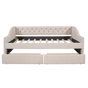 English Elm Upholstered Full Daybed with Linen Tufted Back Rivet Arms and Two Storage Drawers LP002111AAA