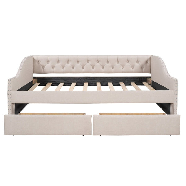 English Elm Upholstered Full Daybed with Linen Tufted Back Rivet Arms and Two Storage Drawers LP002111AAA
