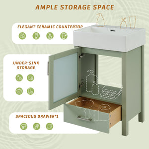 English Elm 20-Inch modern bathroom vanity with ceramic sink, soft-close door and ample storage for small spaces Green WF324691AAF
