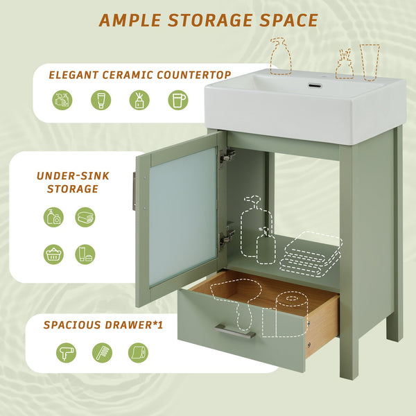English Elm 20-Inch modern bathroom vanity with ceramic sink, soft-close door and ample storage for small spaces Green WF324691AAF
