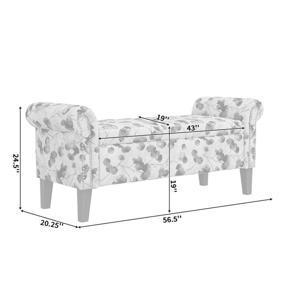 English Elm Wallen Traditional Upholstered Storage Ottoman Bench with Nailhead Trim and Vine Pattern Black,White,Wood B127P409580
