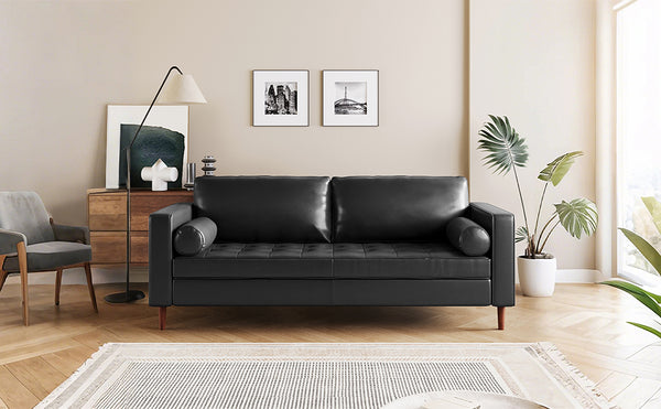 English Elm Christopher Knight Home® - Mirod Mid-Century Modern PU Leather Sofa with Tufted Back, Birch Legs, Foam & Pocket Spring Comfort Black N760P285734B